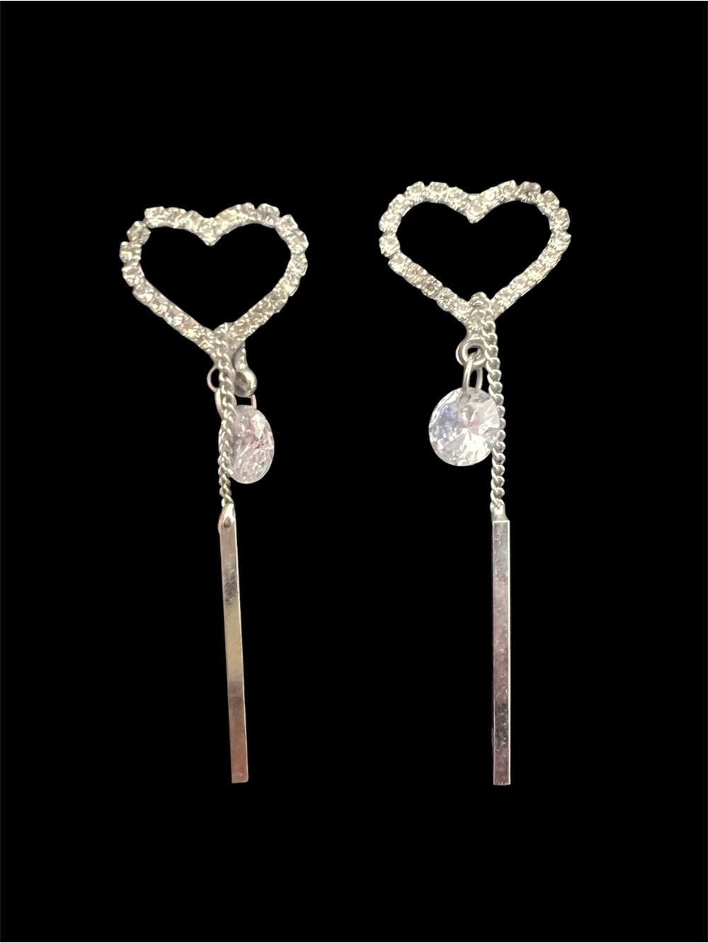 Silver Heart Dangle Earrings with Crystal Drop - Women Jewelry